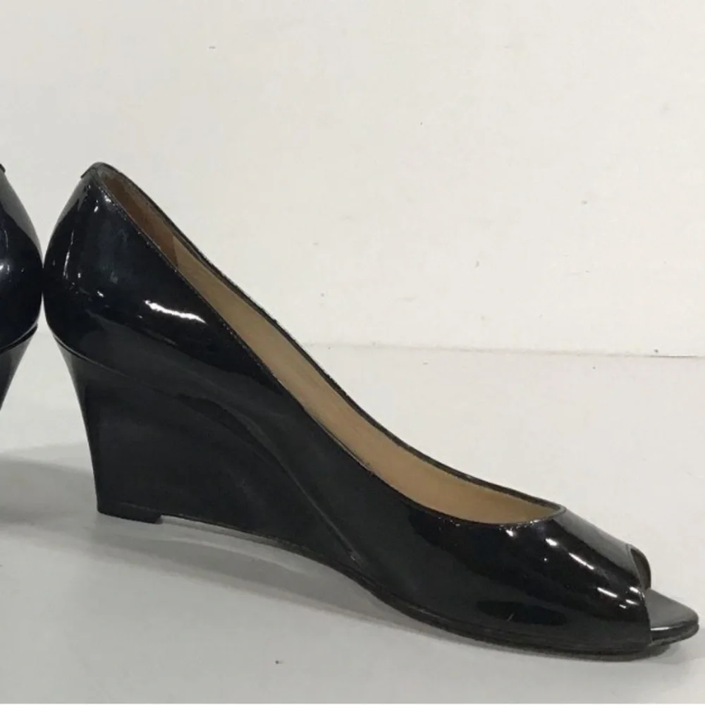 Women’s Jimmy Choo Black Patent Wedge Peep-Toe Shoes Size 38.5